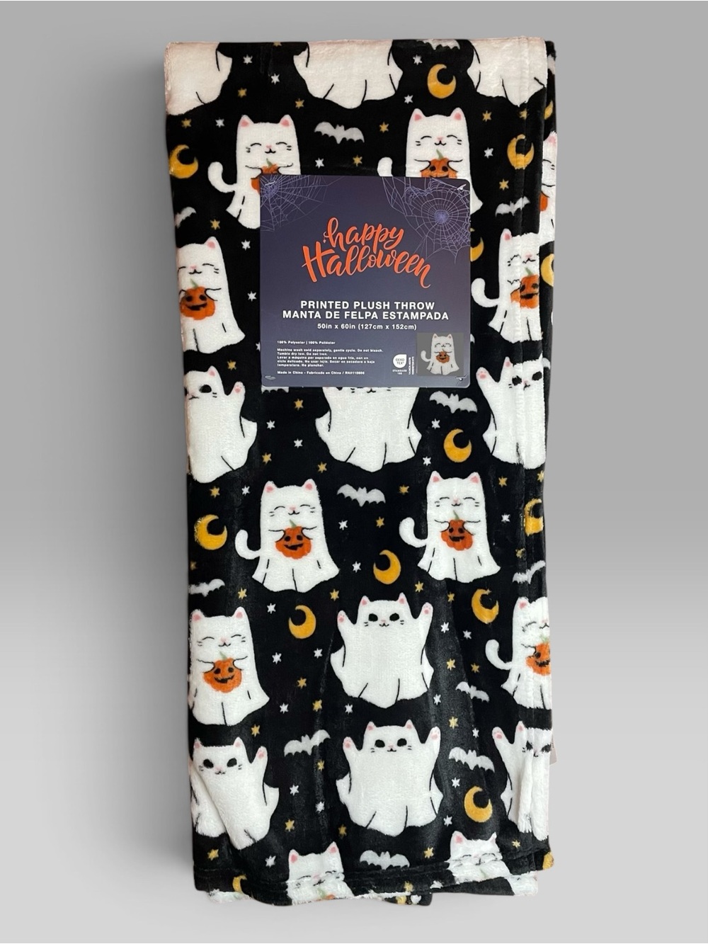 Halloween Plush Throw Kitty Cats Ghost Costumes Black White Bats Moon Stars 50x6